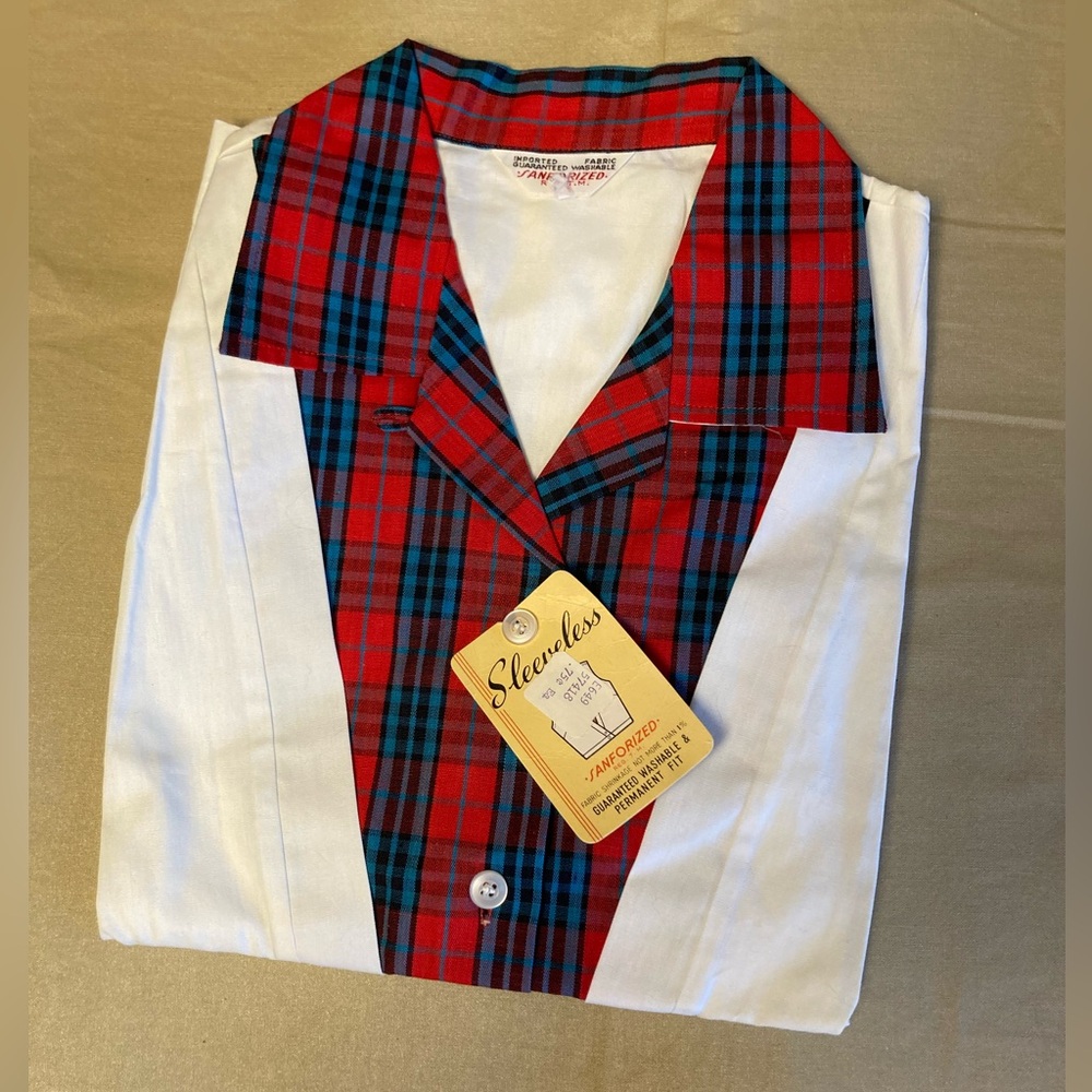 Vintage White with Red and Blue Plaid Women’s Sleeveless Shirt
